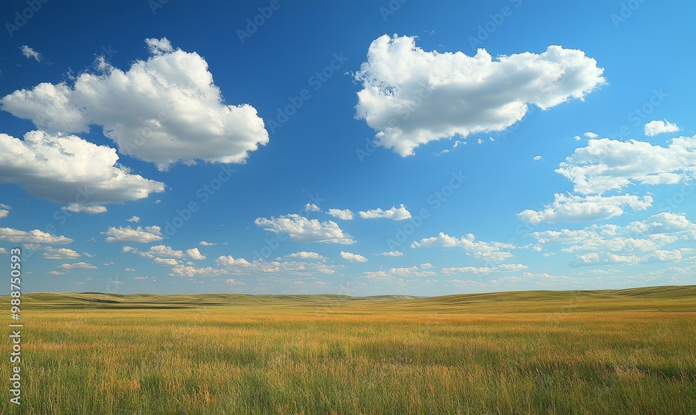 Grass field under a blue sky with clouds.