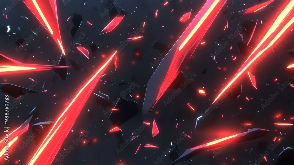 A dynamic scene featuring sharp, glowing red shards against a dark background. A dynamic scene featuring sharp, glowing red shards against a dark background.