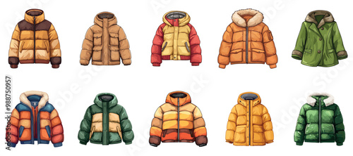 Autumn or winter puffer jacket set. Front view. With a hood and a warm collar. Hooded zipper raincoat. Outdoors outfit for cold weather. Fashionable clothes. Cartoon style isolated vector clipart