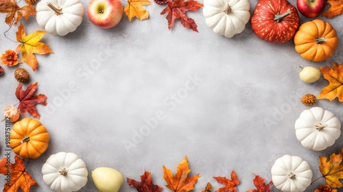 An autumn-themed arrangement showcases pumpkins, apples, and colorful leaves on a grey stone table with ample space for seasonal text or copy