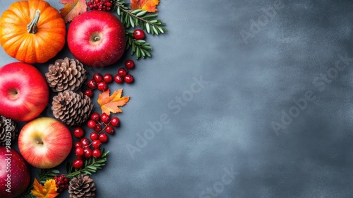 An autumn-themed arrangement showcases pumpkins, apples, and colorful leaves on a grey stone table with ample space for seasonal text or copy