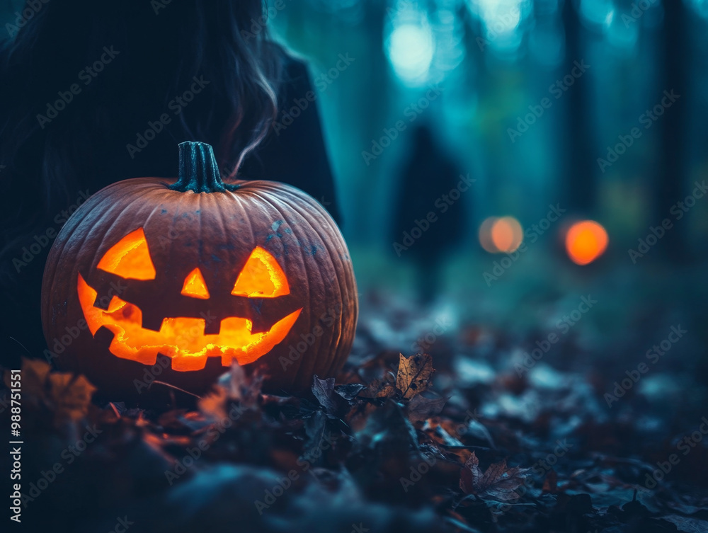 Fototapeta premium Halloween pumpkin decorations lined up at night.