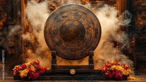 Ancient gong with smoke and flowers in a temple setting. photo