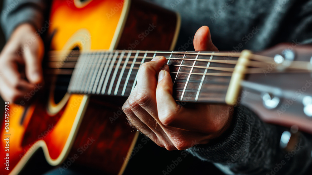 Fototapeta premium A person skillfully playing guitar with sunlight illuminating their hands while practicing outdoors on a vibrant spring afternoon
