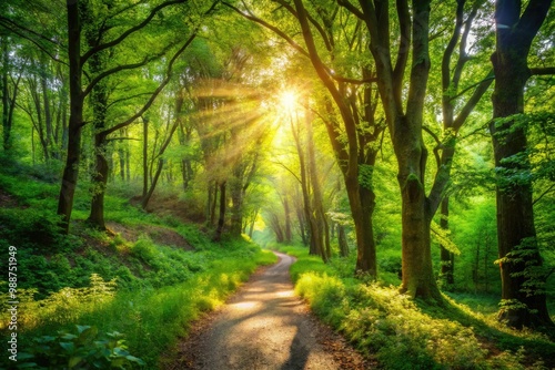 Path meandering through lush green forest with dappled sunlight illuminating the way