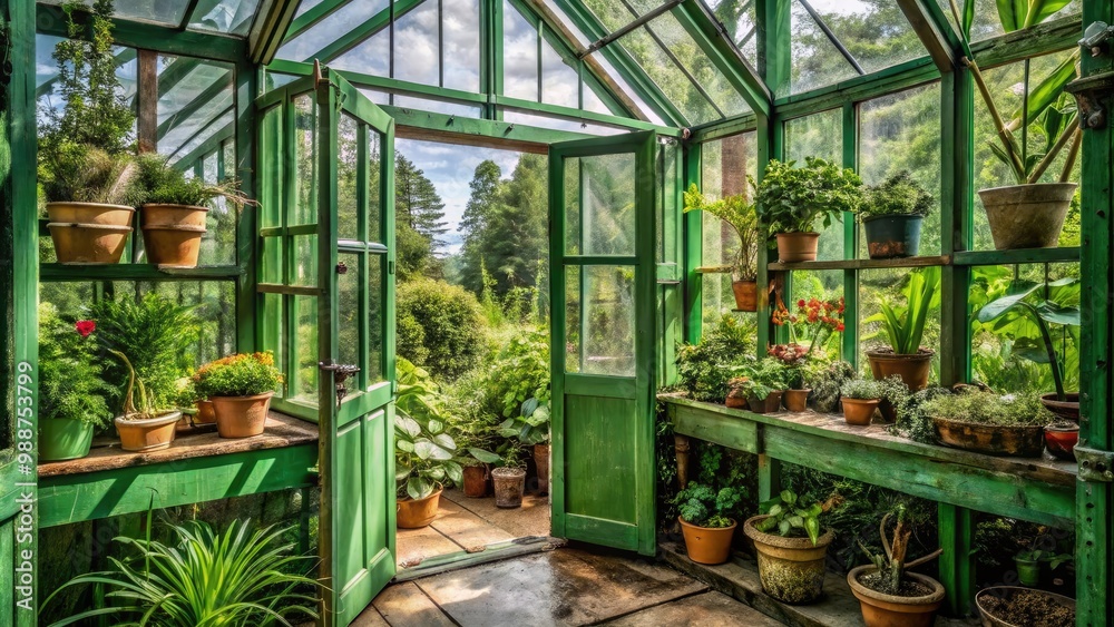 Rustic green window frames swing open to reveal a thriving greenhouse, bursting with colorful potted plants and warm sunlight pouring in. Rustic green window frames swing open to reveal a thriving greenhouse, bursting with colorful potted plants and warm sunlight pouring in.