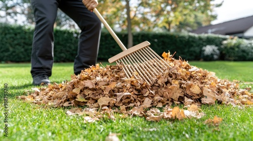 A man carefully rakes a colorful pile of autumn leaves in a tranquil park, enjoying outdoor work on a crisp fall day