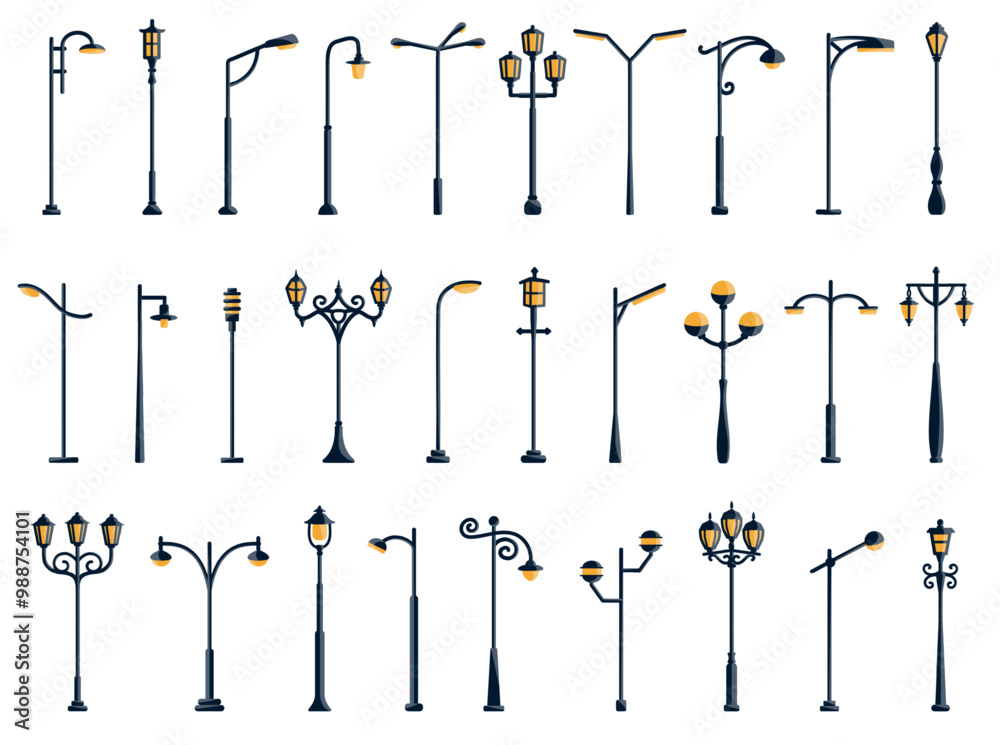 Vintage and modern streetlamps. Classic streetlights, antique lanterns, lights poles and outdoor lamp posts for urban streets and park lighting isolated flat vector illustrations set