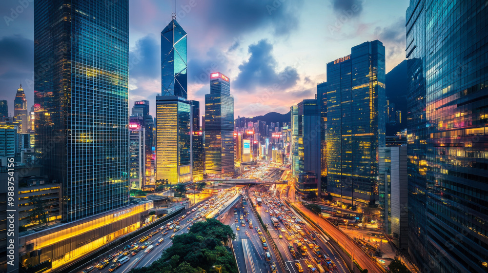 Vibrant cityscape at twilight, showcasing bustling traffic, skyscrapers, and a stunning sunset over the horizon Vibrant cityscape at twilight, showcasing bustling traffic, skyscrapers, and a stunning sunset over the horizon