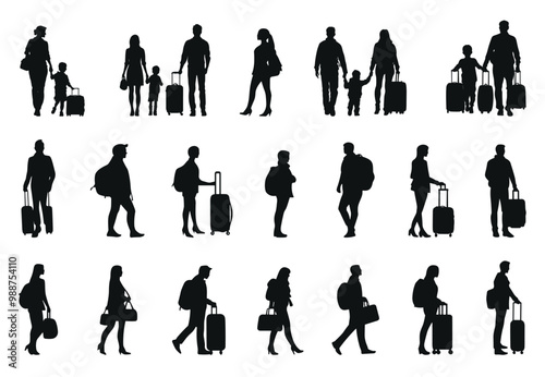 Black silhouettes of travellers. People with backpack. Man woman kid with laggage suitcase. Standing walking waiting. Family and single person on the way. Simple black and white flat style isolated