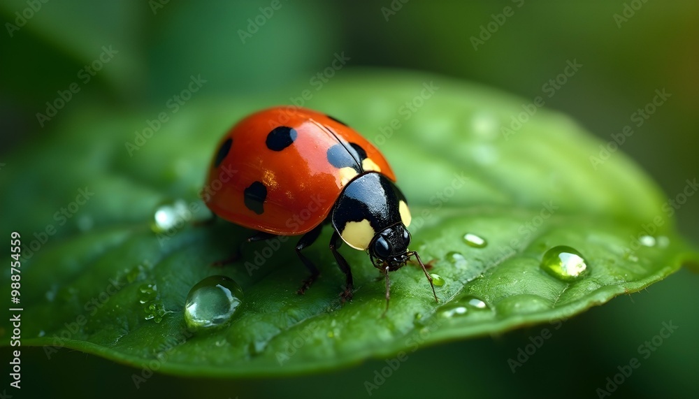 A vibrant ladybug, bold red with distinctive black spots, resting on a lush green leaf, showcasing its bright colors against the rich foliage, embodying the beauty of nature A vibrant ladybug, bold red with distinctive black spots, resting on a lush green leaf, showcasing its bright colors against the rich foliage, embodying the beauty of nature