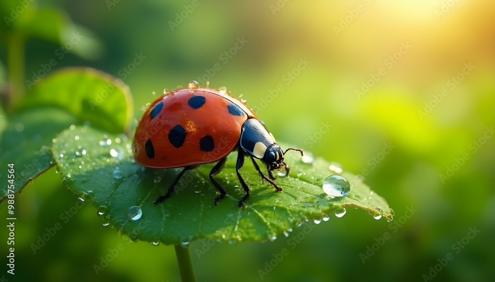 Obraz premium A vibrant ladybug, bold red with distinctive black spots, resting on a lush green leaf, showcasing its bright colors against the rich foliage, embodying the beauty of nature