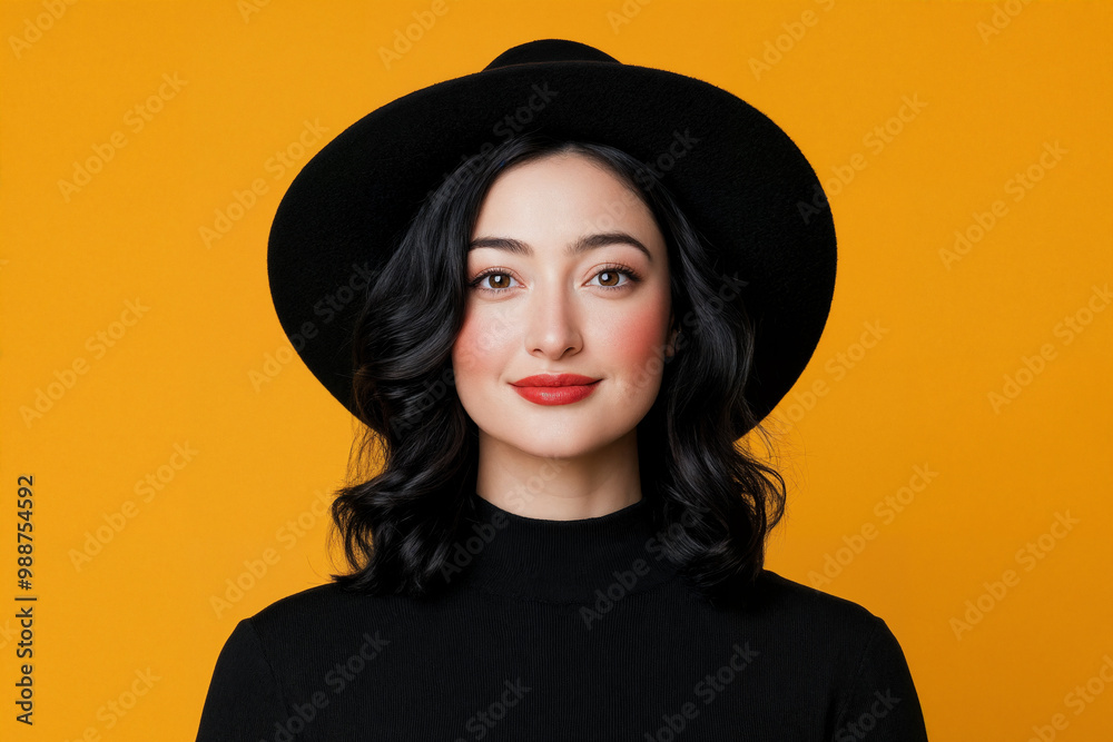 Portrait of a beautiful woman wearing a black hat and red lipstick, set against an isolated yellow background. Portrait of a beautiful woman wearing a black hat and red lipstick, set against an isolated yellow background.