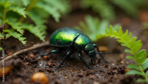 A metallic green beetle crawling across rich, wet soil, surrounded by lush greenery, reflecting light and showcasing its vibrant colors in a serene natural setting.