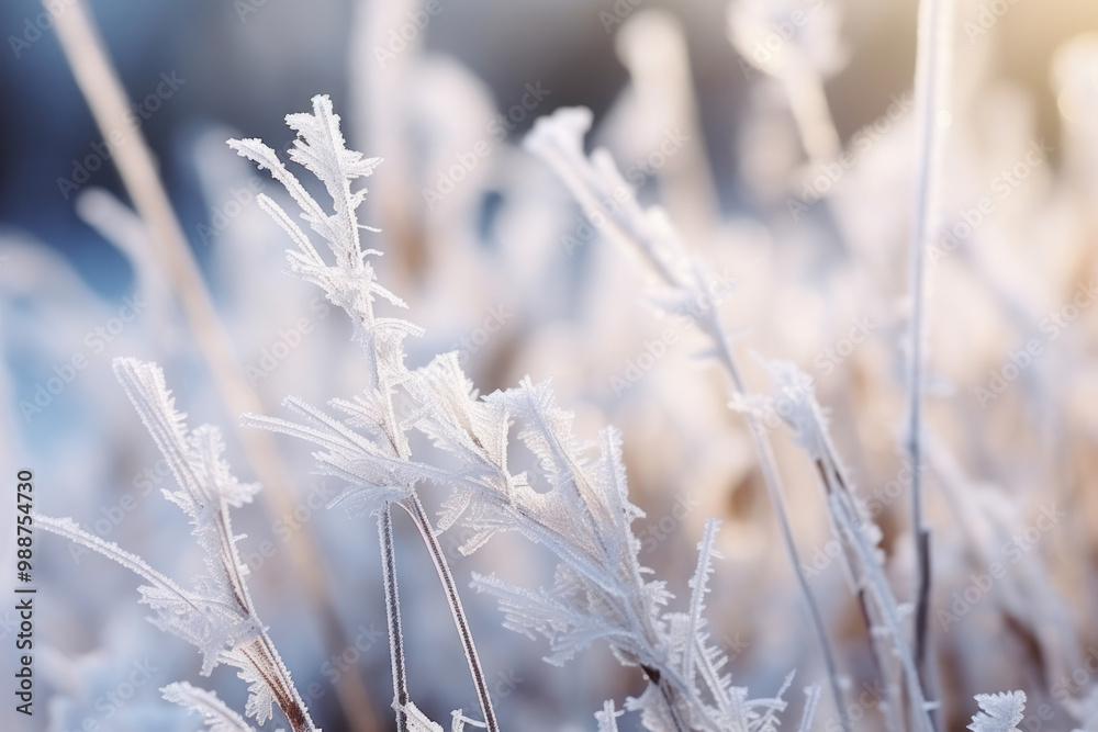 Frosty grass blades with intricate ice crystals