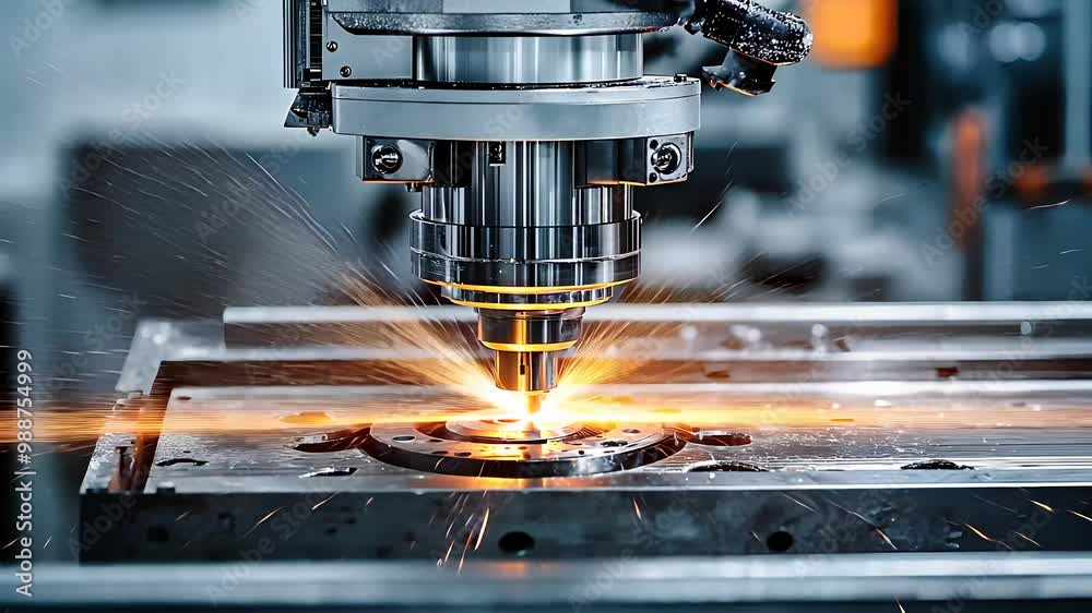 High-precision CNC machine cutting metal with sparks, representing advanced manufacturing technology, industrial automation, and engineering processes.

