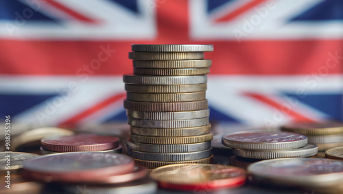 Stack of British Coins Against a Blurred Union Jack Flag Symbolizing the UK Economy and Financial Growth photo