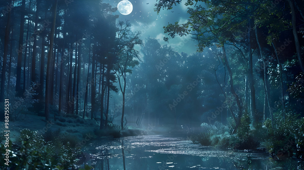 Obraz premium Mystical Moonlit Forest River - Tranquil Night Landscape Photography