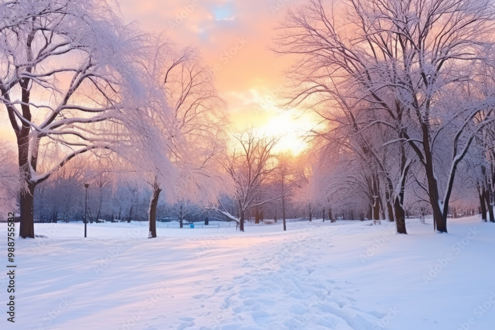 Snowy park at sunrise with frosted trees Snowy park at sunrise with frosted trees