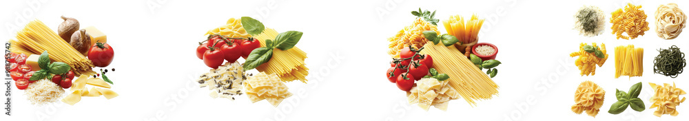 Colorful pasta ingredients arranged artistically on a table, on the Transparent background, PNG Format Colorful pasta ingredients arranged artistically on a table, on the Transparent background, PNG Format