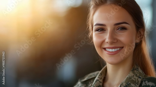 Radiant Young Female Soldier Smiling at Golden Hour