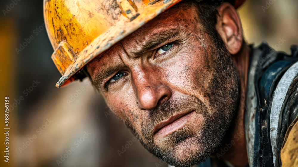 A skilled construction worker wearing a hard hat and orange-striped safety gear takes a moment to rest while on site A skilled construction worker wearing a hard hat and orange-striped safety gear takes a moment to rest while on site