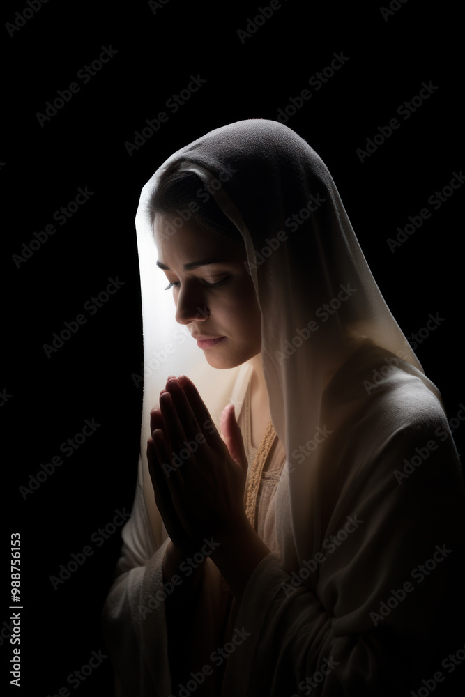Serene woman praying in a dark ambiance Serene woman praying in a dark ambiance