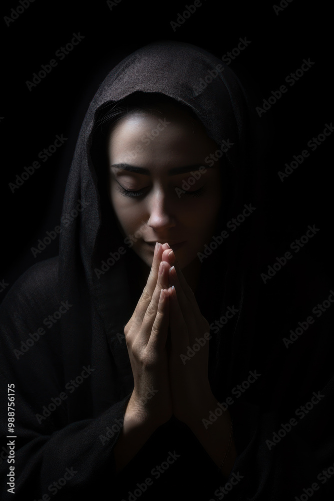 Serene woman praying in a dark ambiance Serene woman praying in a dark ambiance