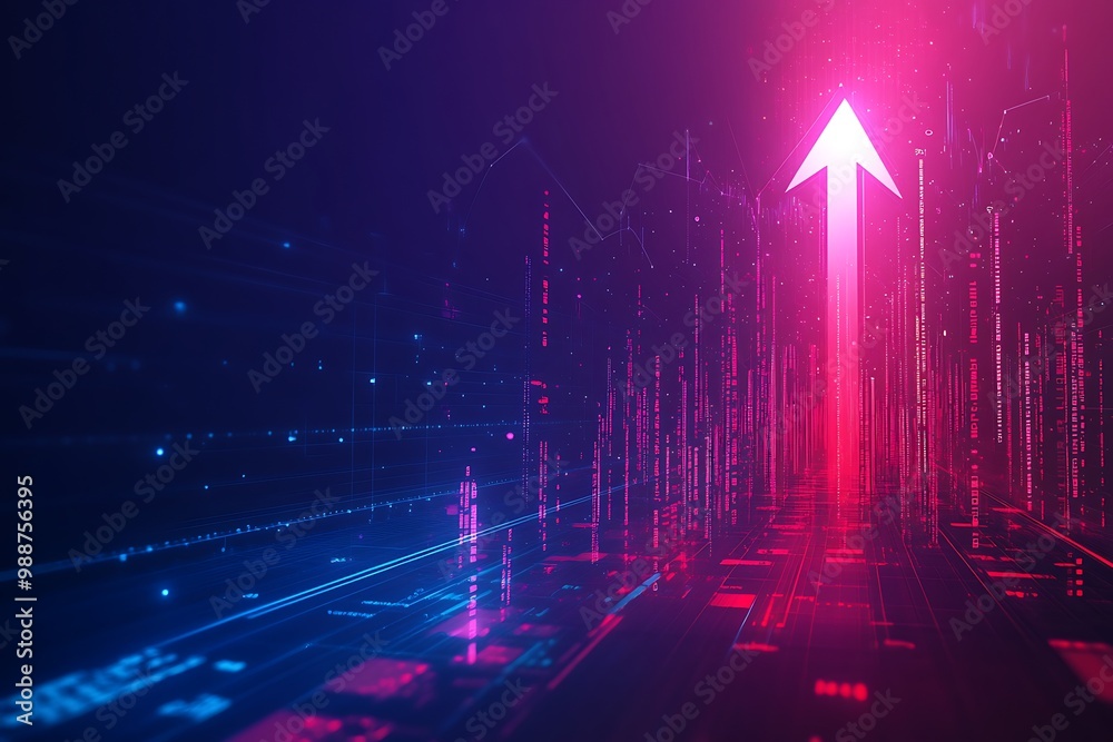 Futuristic Digital Arrow Pointing Upward with Neon Lights Representing Growth and Progress Futuristic Digital Arrow Pointing Upward with Neon Lights Representing Growth and Progress