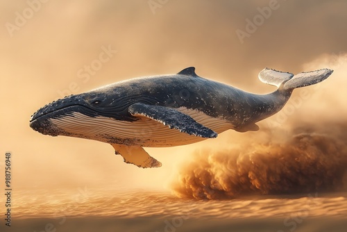 Whales Leap Through Desert Sands in Surreal Fantasy Scene photo