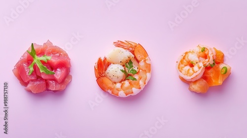 A colorful arrangement of seafood dishes on a pastel background. photo