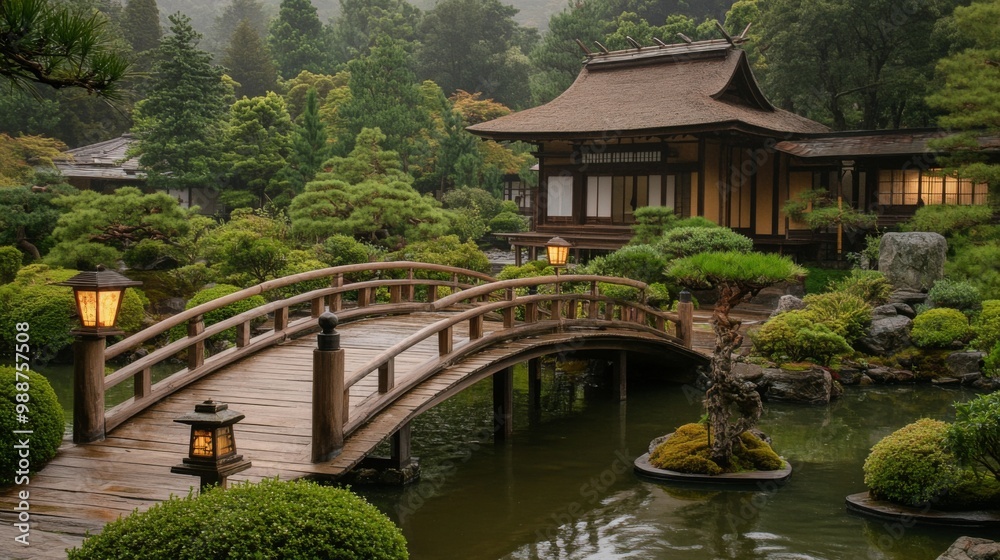 A beautifully arranged Japanese garden with lanterns, bonsai trees, and a wooden bridge, highlighting the integration of nature and architecture in Japanese homes. A beautifully arranged Japanese garden with lanterns, bonsai trees, and a wooden bridge, highlighting the integration of nature and architecture in Japanese homes.