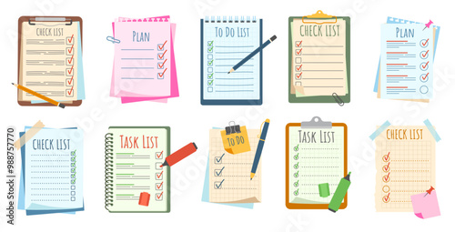 Paper checklists. To do lists, planning sheets and task management notes. Clipboard with plan documents, paper pages and list notepad vector set
