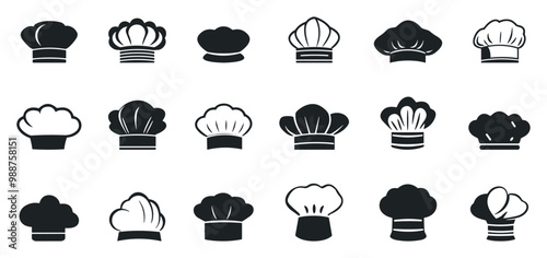 Chef hat silhouettes flat icons set. Kitchen headwear cook hed hat logo. Professional cafe restaurante chef accessory. Menu culinary and websites design element. Simple black and white flat style