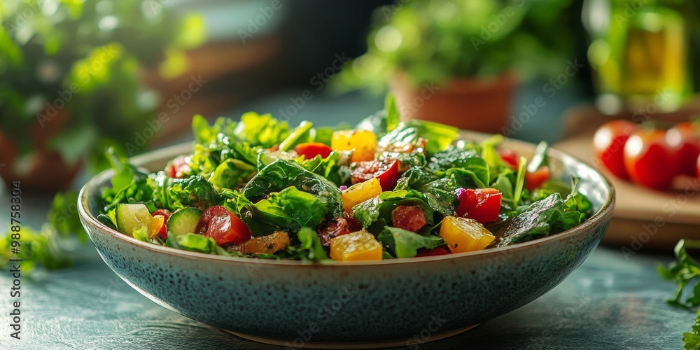 Vibrant salad with fresh greens, colorful vegetables, softly blurred background, minimal decor enhancing the dish's appeal Vibrant salad with fresh greens, colorful vegetables, softly blurred background, minimal decor enhancing the dish's appeal