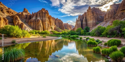 Stunning rock formations, lush greenery, and a tranquil river within Cathedral Gorge State Park