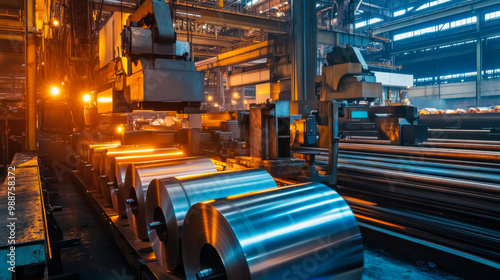 Heavy machinery processing steel coils in a brightly lit industrial facility during daytime operations