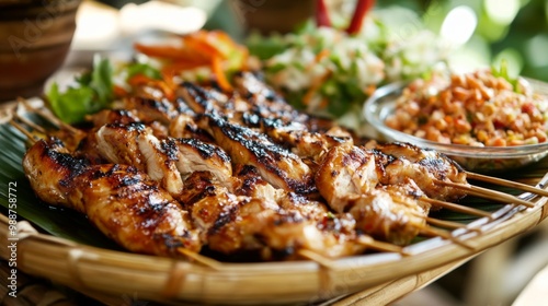 A beautifully arranged platter of grilled chicken marinated in Thai spices, served alongside a refreshing bowl of som tam, highlighting the appeal of Thai cuisine.