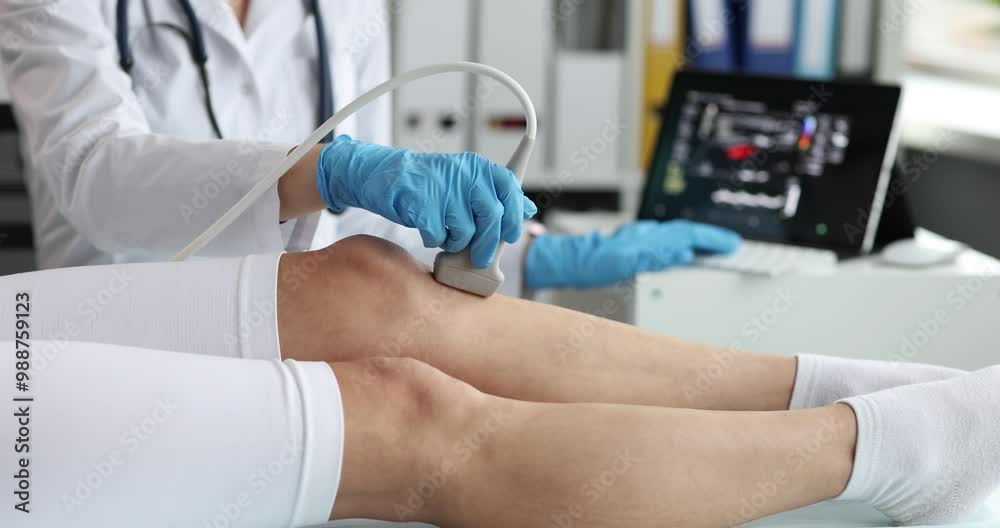 Doctor uses ultrasound machine checking knee joint of female patient in clinic. Medic uses equipment searching for source of pain without invasion Doctor uses ultrasound machine checking knee joint of female patient in clinic. Medic uses equipment searching for source of pain without invasion
