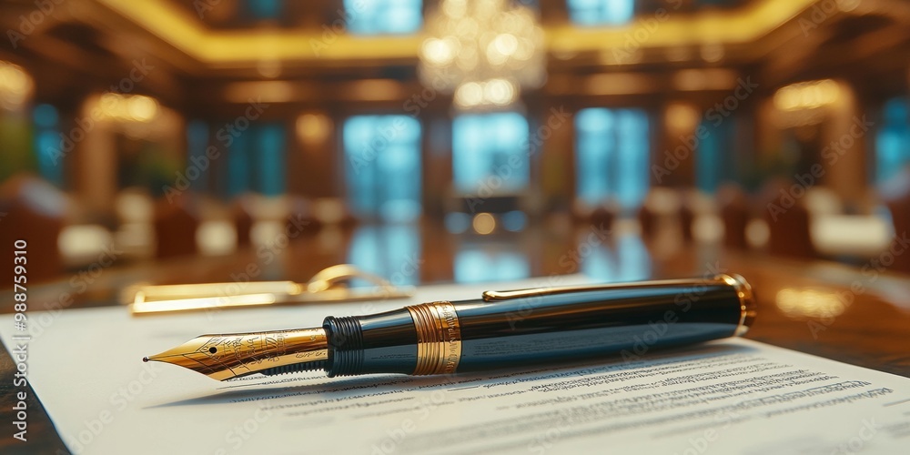 Elegant fountain pen on a contract, blurred conference room setting, symbolizing professionalism and important business decisions Elegant fountain pen on a contract, blurred conference room setting, symbolizing professionalism and important business decisions