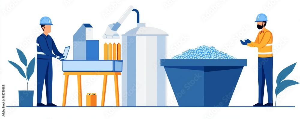 A team of engineers inspecting recycled plastic pellets at a modern recycling plant A team of engineers inspecting recycled plastic pellets at a modern recycling plant