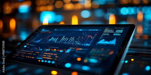 Digital tablet showcasing a vibrant data chart, surrounded by softly blurred tech gadgets in a modern workspace environment