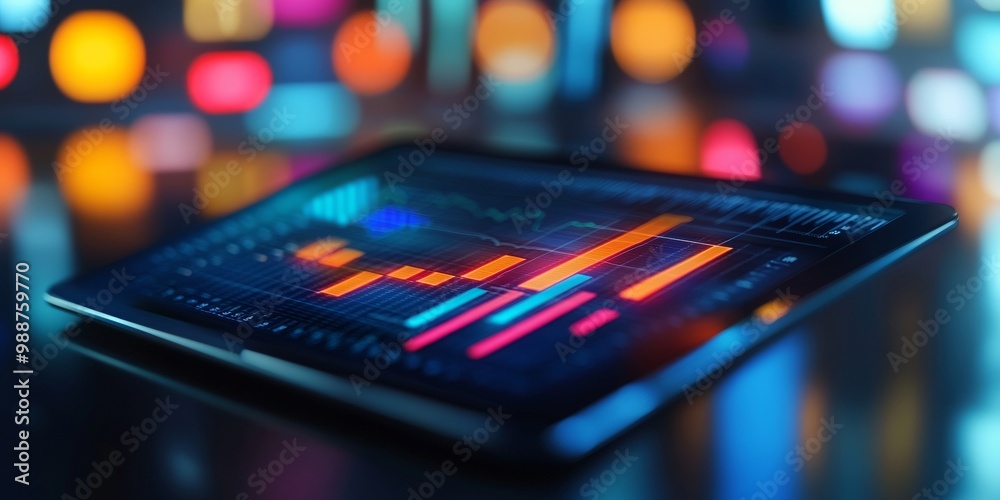 Digital tablet with data chart, surrounded by an array of tech gadgets, showcasing modern technology and innovation in a sleek environment Digital tablet with data chart, surrounded by an array of tech gadgets, showcasing modern technology and innovation in a sleek environment