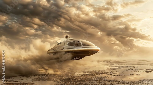 A hovercraft flying over chilling wasteland on its own merits photo