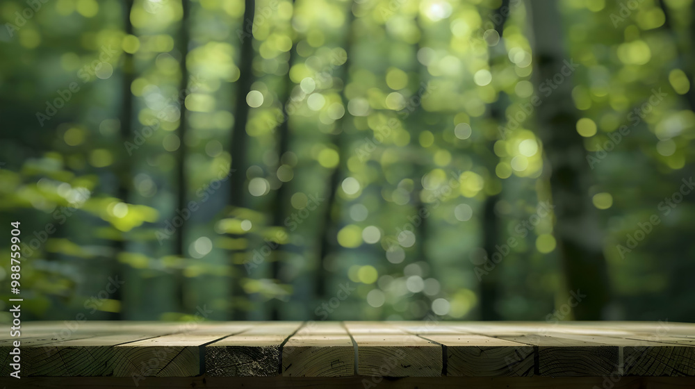 Wooden Surface With Blurred Forest Background Wooden Surface With Blurred Forest Background