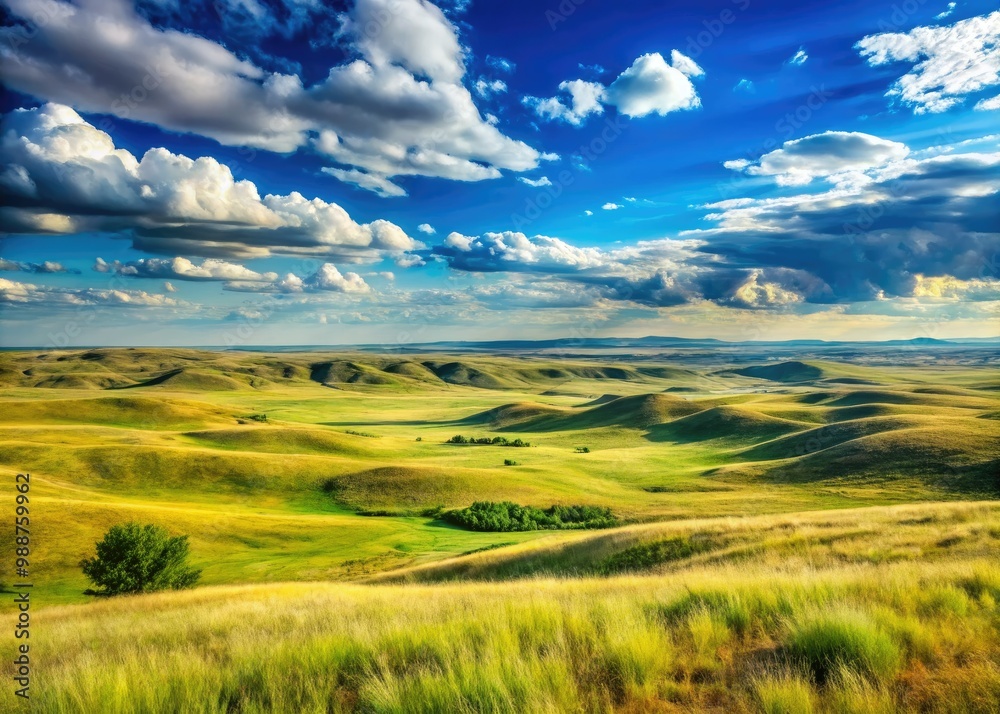 The Great Plains unfold expansive grasslands under a brilliant blue sky, where rolling hills stretch towards the horizon in a sea of green and gold. The Great Plains unfold expansive grasslands under a brilliant blue sky, where rolling hills stretch towards the horizon in a sea of green and gold.