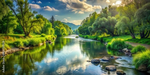 The gentle stream winds its way through a lush emerald green landscape, casting a tranquil atmosphere as the sun shines upon its glassy surface.