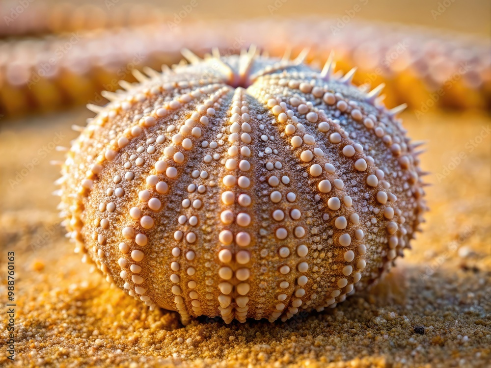 The intricate and spiky textured shell of the sea urchin lies prominently on the sandy surface, its tiny details seemingly magnified in the warm sunlight. The intricate and spiky textured shell of the sea urchin lies prominently on the sandy surface, its tiny details seemingly magnified in the warm sunlight.