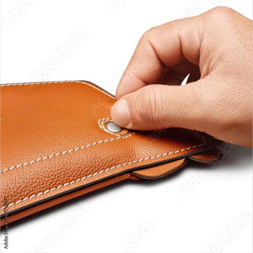 A close-up of hands crafting a recycled leather handbag with intricate stitching photo
