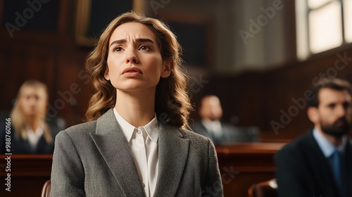 A female lawyer in a formal courtroom setting, standing by her client side, speaking to the court with authority photo